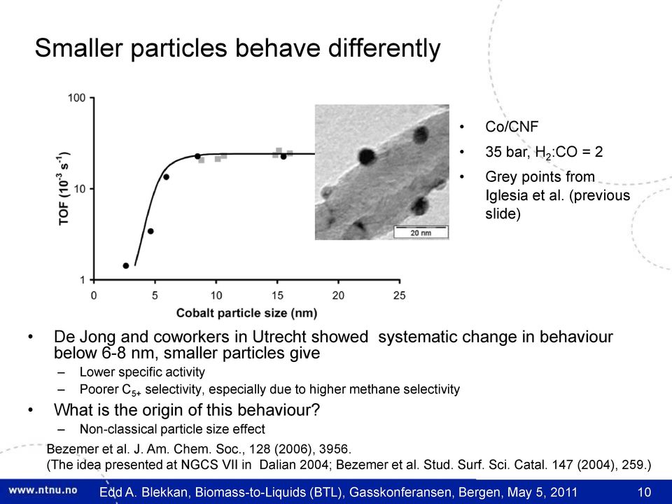 C 5+ selectivity, especially due to higher methane selectivity What is the origin of this behaviour? Non-classical particle size effect Bezemer et al. J. Am.