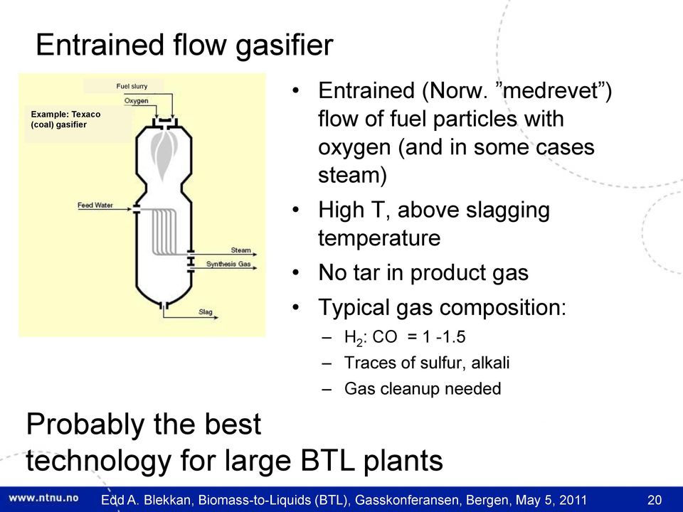 No tar in product gas Typical gas composition: H 2 : CO = 1-1.