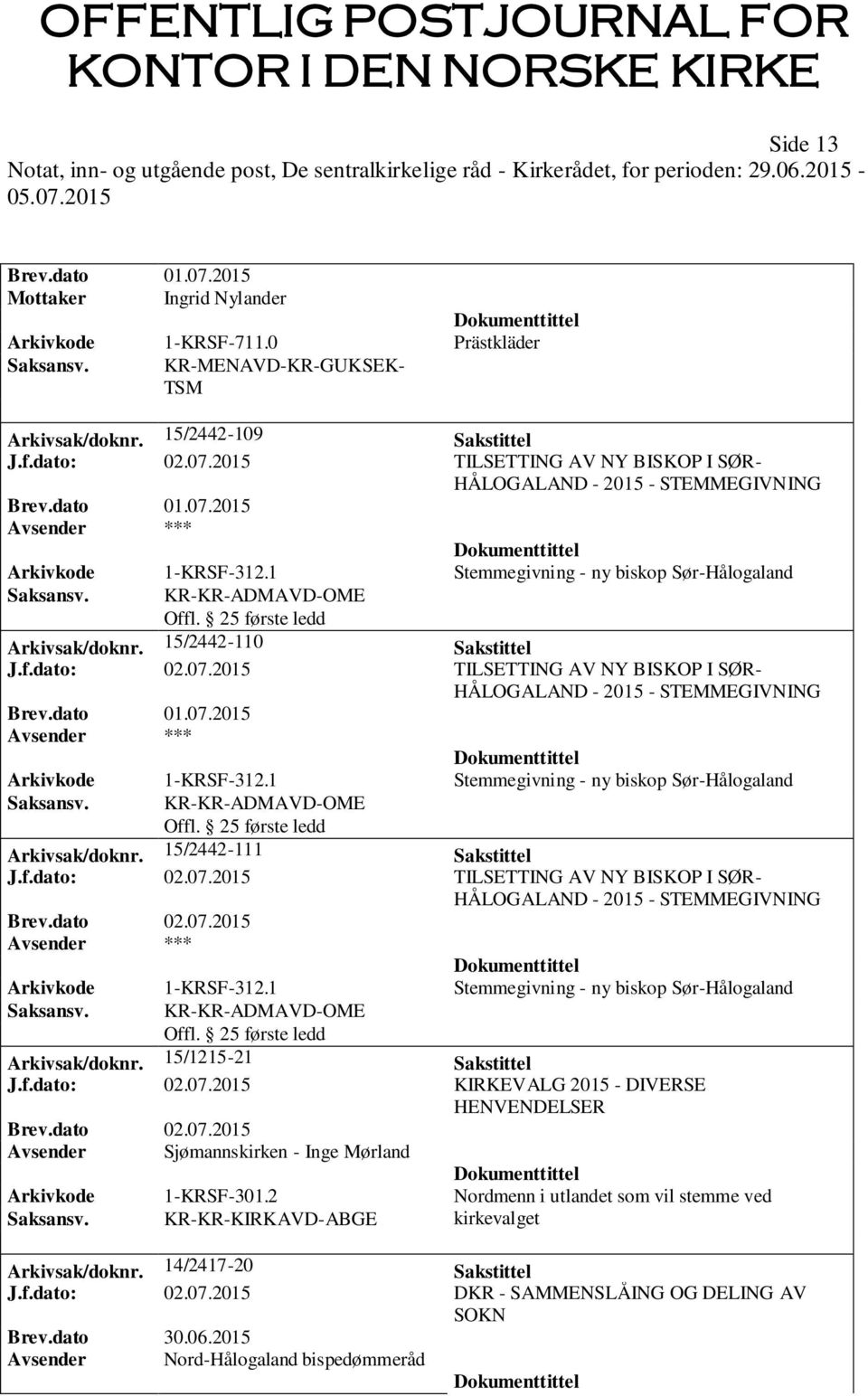 dato 02.07.2015 Arkivsak/doknr. 15/1215-21 Sakstittel J.f.dato: 02.07.2015 KIRKEVALG 2015 - DIVERSE HENVENDELSER Brev.dato 02.07.2015 Avsender Sjømannskirken - Inge Mørland Arkivkode 1-KRSF-301.