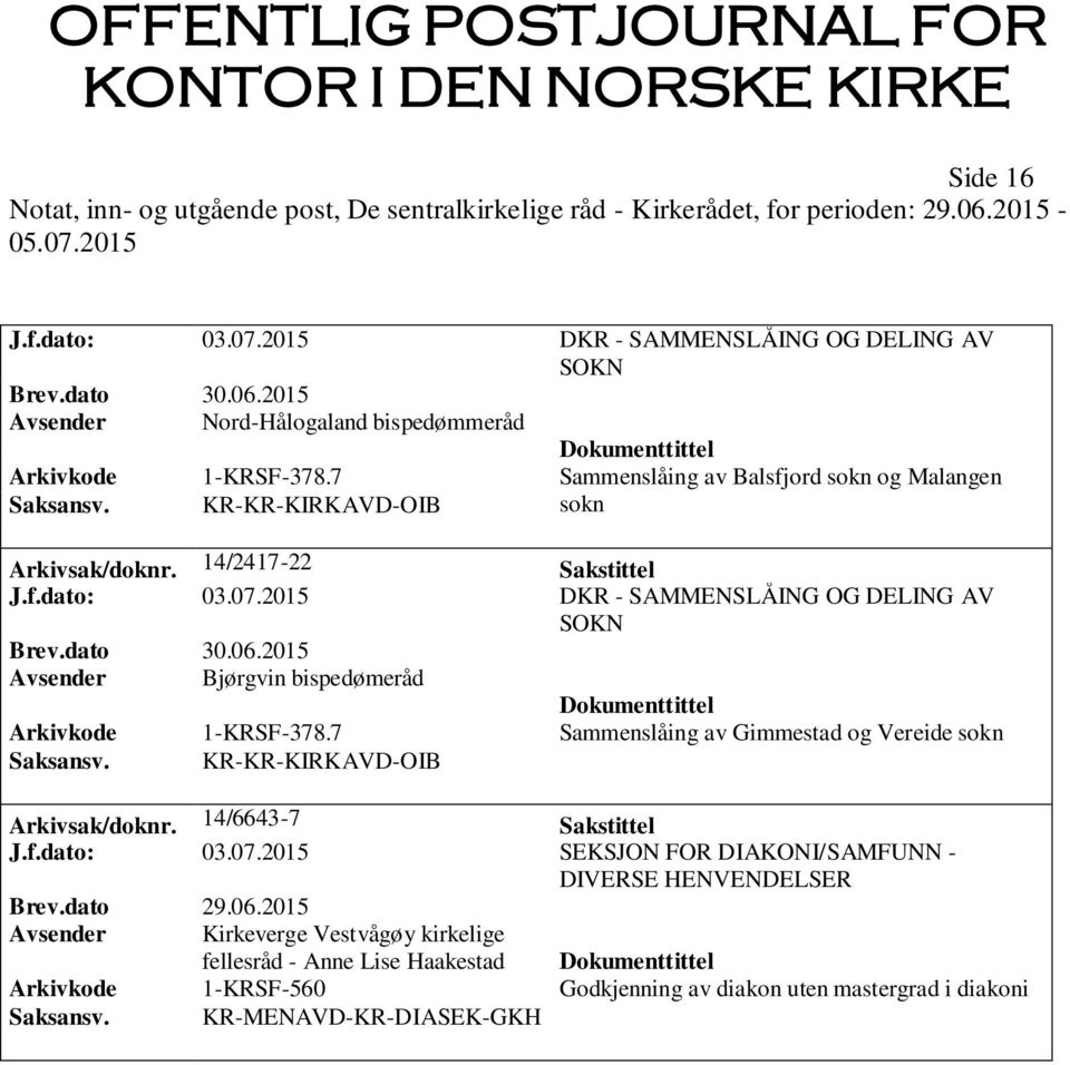 2015 DKR - SAMMENSLÅING OG DELING AV SOKN Avsender Bjørgvin bispedømeråd Arkivkode 1-KRSF-378.7 Sammenslåing av Gimmestad og Vereide sokn Saksansv.