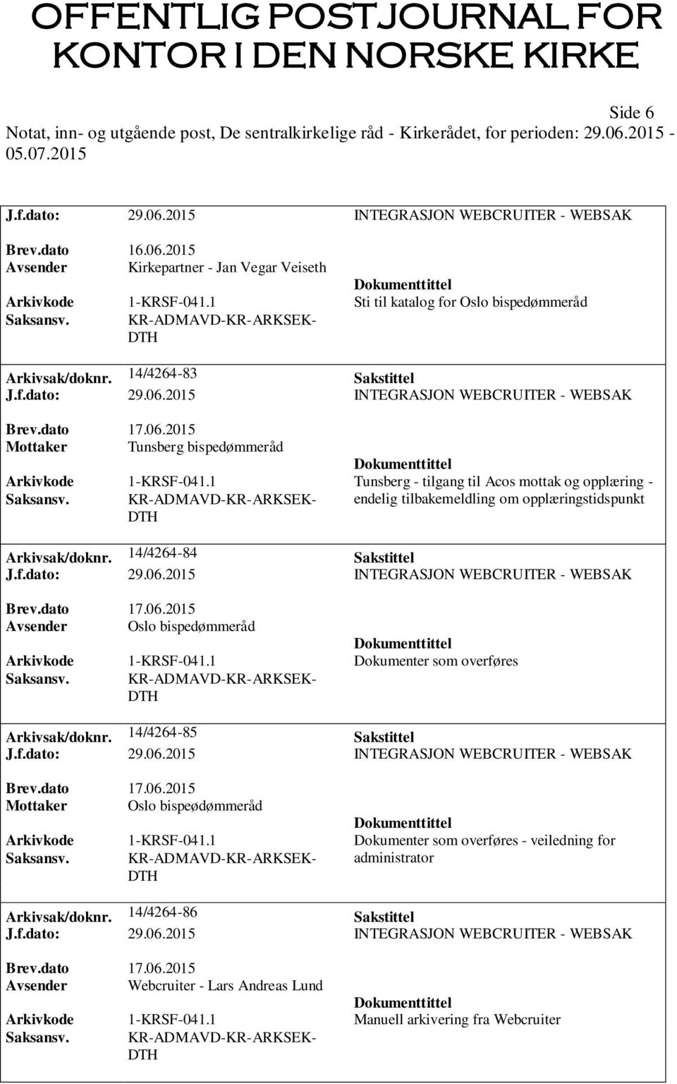 2015 Avsender Oslo bispedømmeråd Arkivkode 1-KRSF-041.1 Dokumenter som overføres Arkivsak/doknr. 14/4264-85 Sakstittel Brev.dato 17.06.2015 Mottaker Oslo bispeødømmeråd Arkivkode 1-KRSF-041.