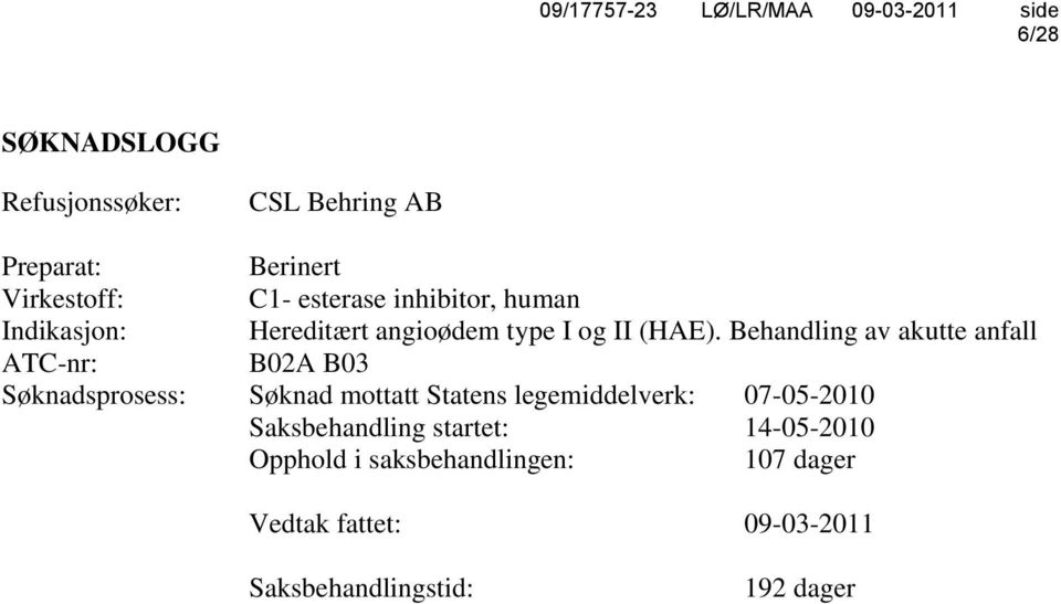 Behandling av akutte anfall ATC-nr: B02A B03 Søknadsprosess: Søknad mottatt Statens legemiddelverk: