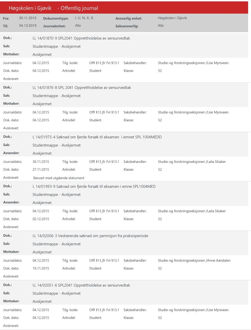 dato: Arkivdel: Student I, 14/01975-4 Søknad om fjerde forsøk til eksamen i emnet SPL 1004MEDD Studie-og forskningsseksjonen /Laila Skiaker Dok. dato: 27.11.