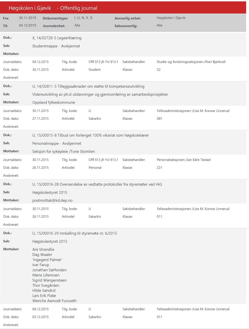 2015 Arkivdel: Sakarkiv 081, 15/00015-8 Tilbud om forlenget 100% vikariat som høgskolelærer Personalmappe - Seksjon for sykepleie /Tone Stomlien Dok. dato: 26.11.