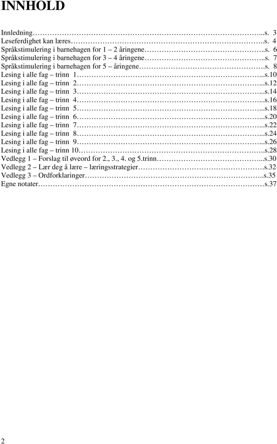 ..s.20 Lesing i alle fag trinn 7...s.22 Lesing i alle fag trinn 8...s.24 Lesing i alle fag trinn 9...s.26 Lesing i alle fag trinn 10..s.28 Vedlegg 1 Forslag til øveord for 2.