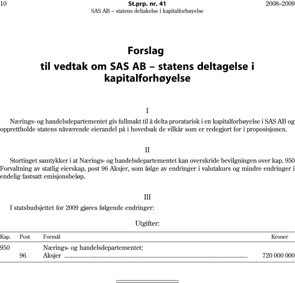 i SAS AB og opprettholde statens nåværende eierandel på i hovedsak de vilkår som er redegjort for i proposisjonen.