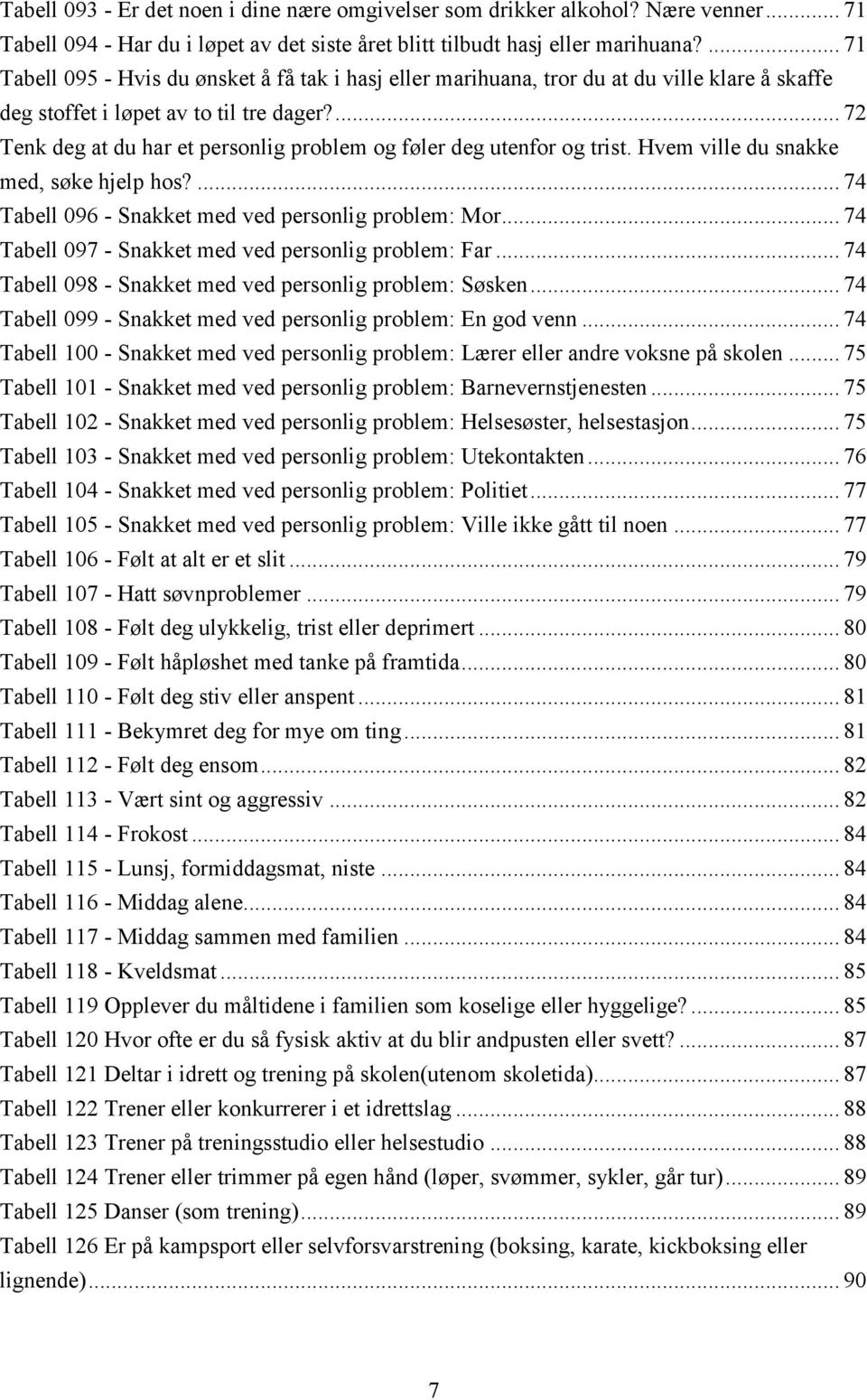 ... 72 Tenk deg at du har et personlig problem og føler deg utenfor og trist. Hvem ville du snakke med, søke hjelp hos?... 74 Tabell 096 - Snakket med ved personlig problem: Mor.