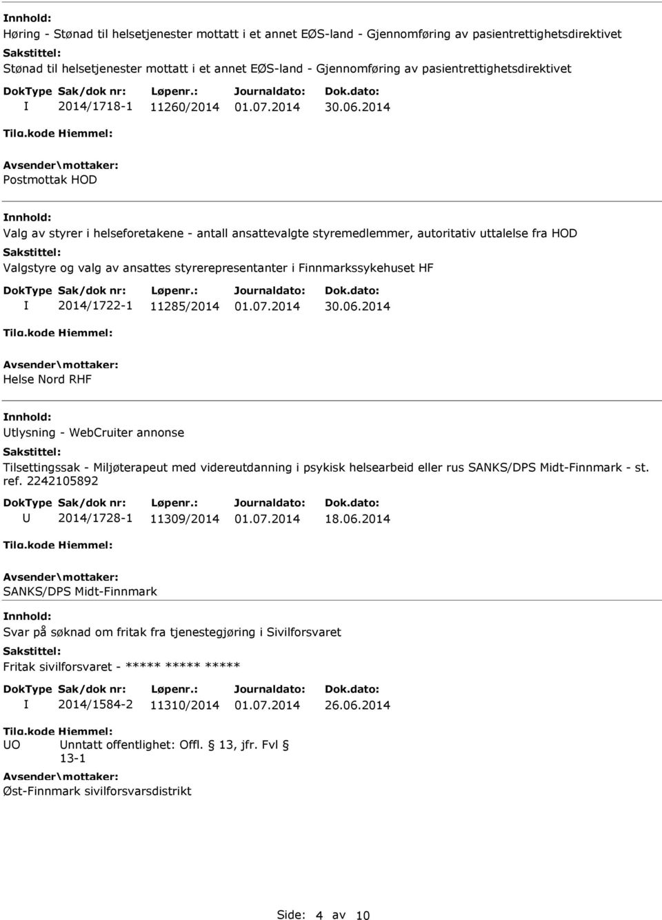 styrerepresentanter i Finnmarkssykehuset HF 2014/1722-1 11285/2014 Helse Nord RHF tlysning - WebCruiter annonse Tilsettingssak - Miljøterapeut med videreutdanning i psykisk helsearbeid eller rus