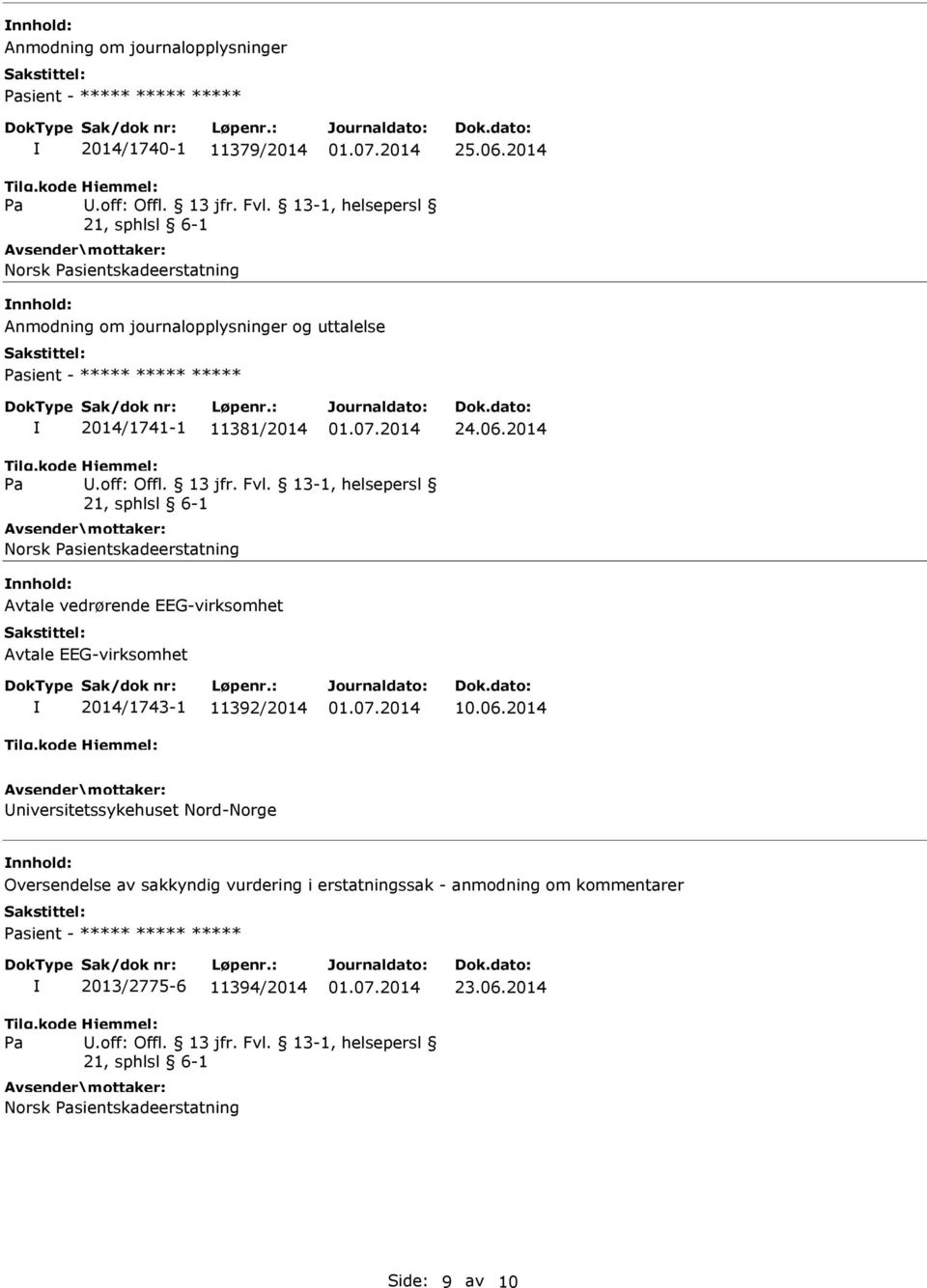 , helsepersl Norsk sientskadeerstatning Avtale vedrørende EEG-virksomhet Avtale EEG-virksomhet 2014/1743-1 11392/2014 10.06.