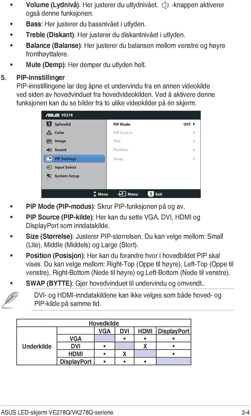 PIP-innstillinger PIP-innstillingene lar deg åpne et undervindu fra en annen videokilde ved siden av hovedvinduet fra hovedvideokilden.