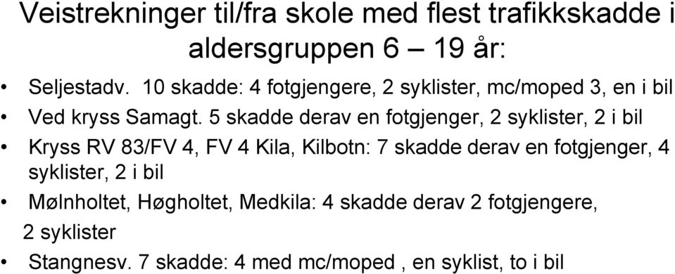 5 skadde derav en fotgjenger, 2 syklister, 2 i bil Kryss RV 83/FV 4, FV 4 Kila, Kilbotn: 7 skadde derav en