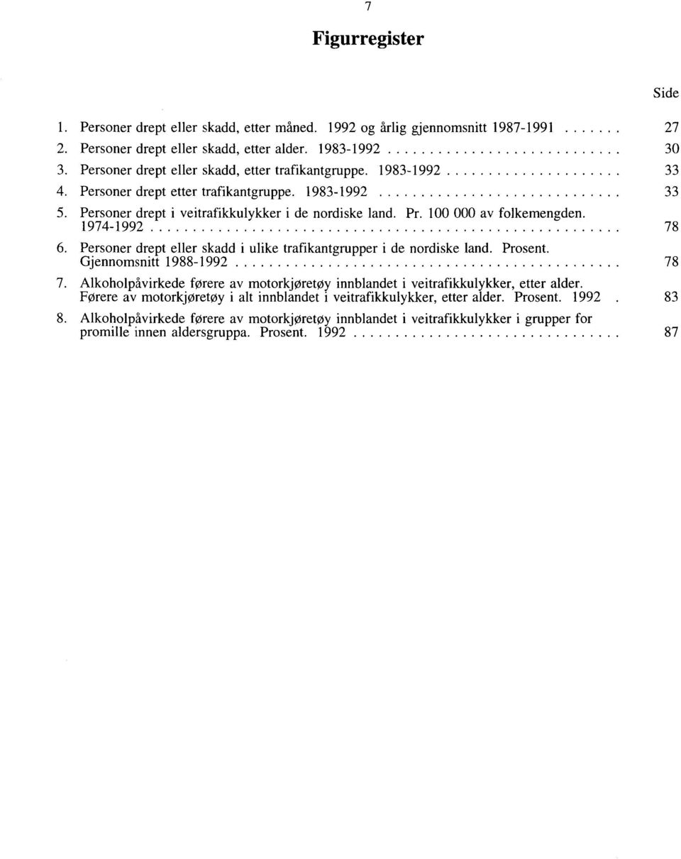 100 000 av folkemengden. 1974-1992 78 6. Personer drept eller skadd i ulike trafikantgrupper i de nordiske land. Prosent. Gjennomsnitt 1988-1992 78 7.