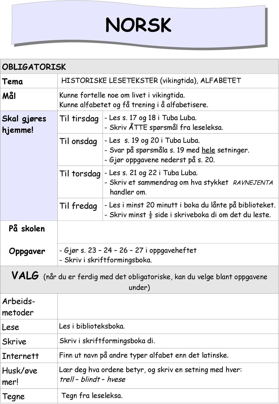 21 og 22 i Tuba Luba. - Skriv et sammendrag om hva stykket RAVNEJENTA handler om. Til fredag - Les i minst 20 minutt i boka du lånte på biblioteket.