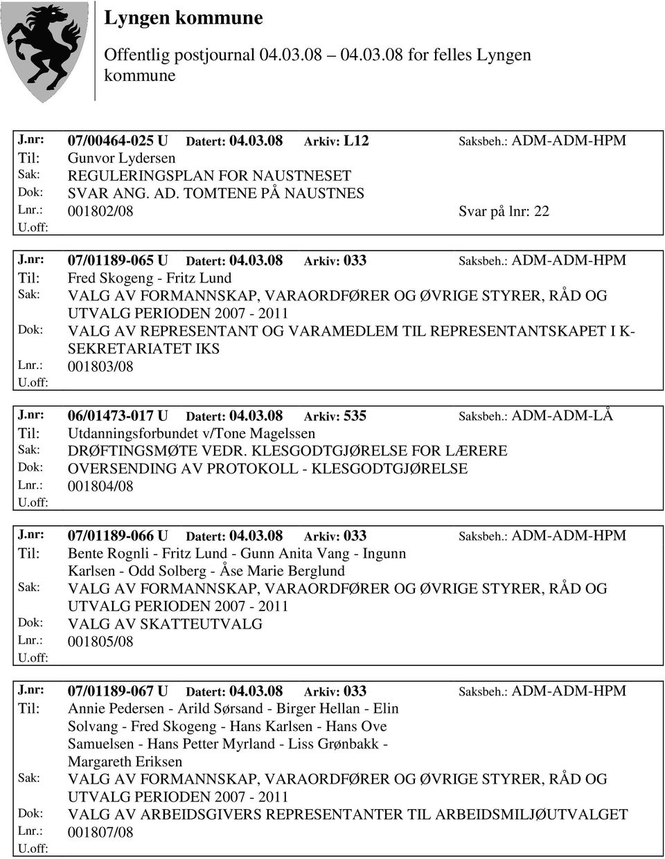 : ADM-ADM-HPM Til: Fred Skogeng - Fritz Lund Sak: VALG AV FORMANNSKAP, VARAORDFØRER OG ØVRIGE STYRER, RÅD OG UTVALG PERIODEN 2007-2011 Dok: VALG AV REPRESENTANT OG VARAMEDLEM TIL REPRESENTANTSKAPET I