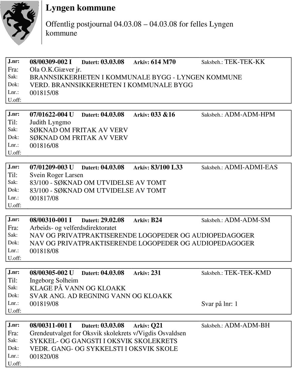 : ADM-ADM-HPM Til: Judith Lyngmo Sak: SØKNAD OM FRITAK AV VERV Dok: SØKNAD OM FRITAK AV VERV Lnr.: 001816/08 J.nr: 07/01209-003 U Datert: 04.03.08 Arkiv: 83/100 L33 Saksbeh.