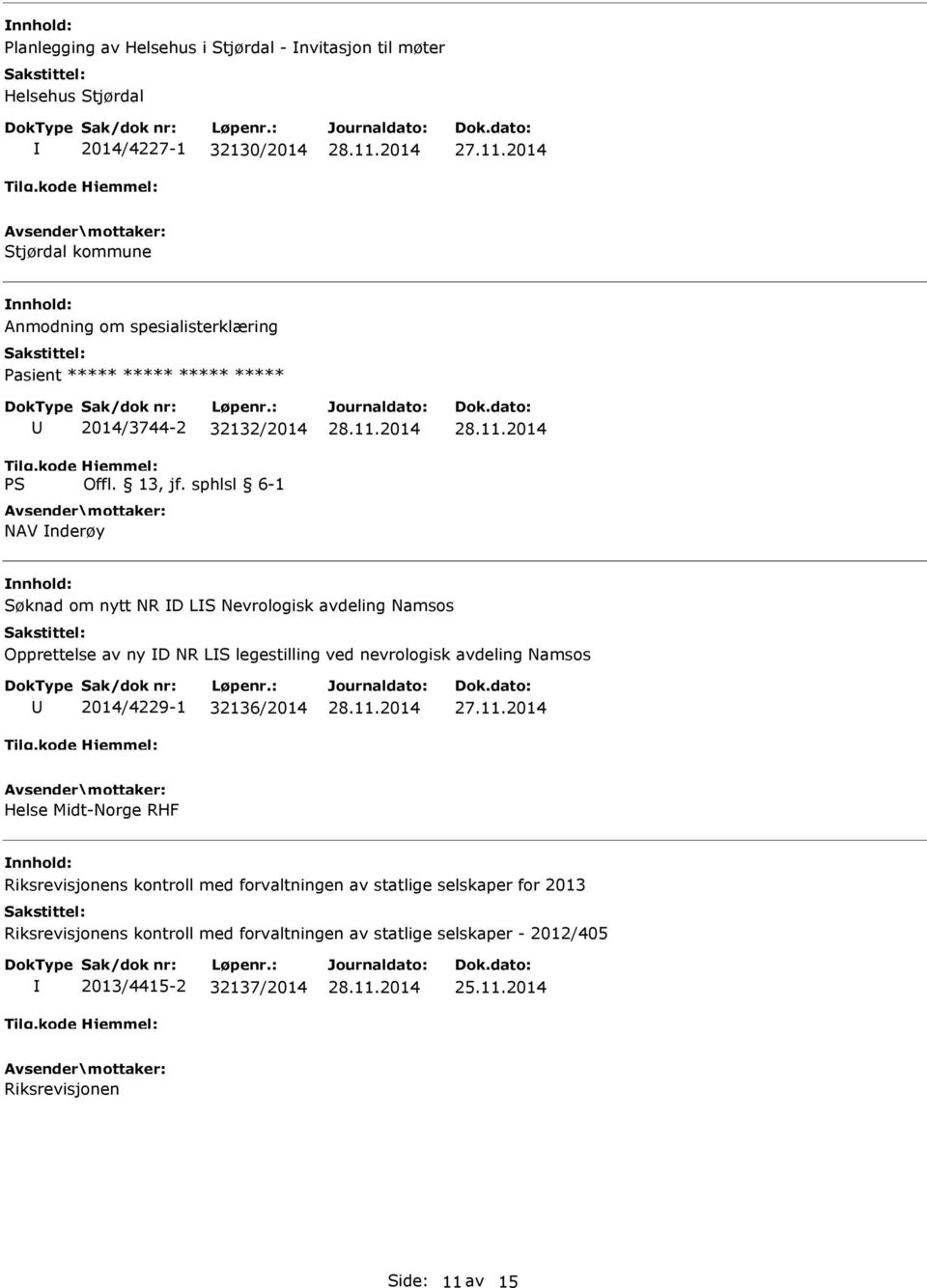 legestilling ved nevrologisk avdeling Namsos 2014/4229-1 32136/2014 Helse Midt-Norge RHF Riksrevisjonens kontroll med forvaltningen av