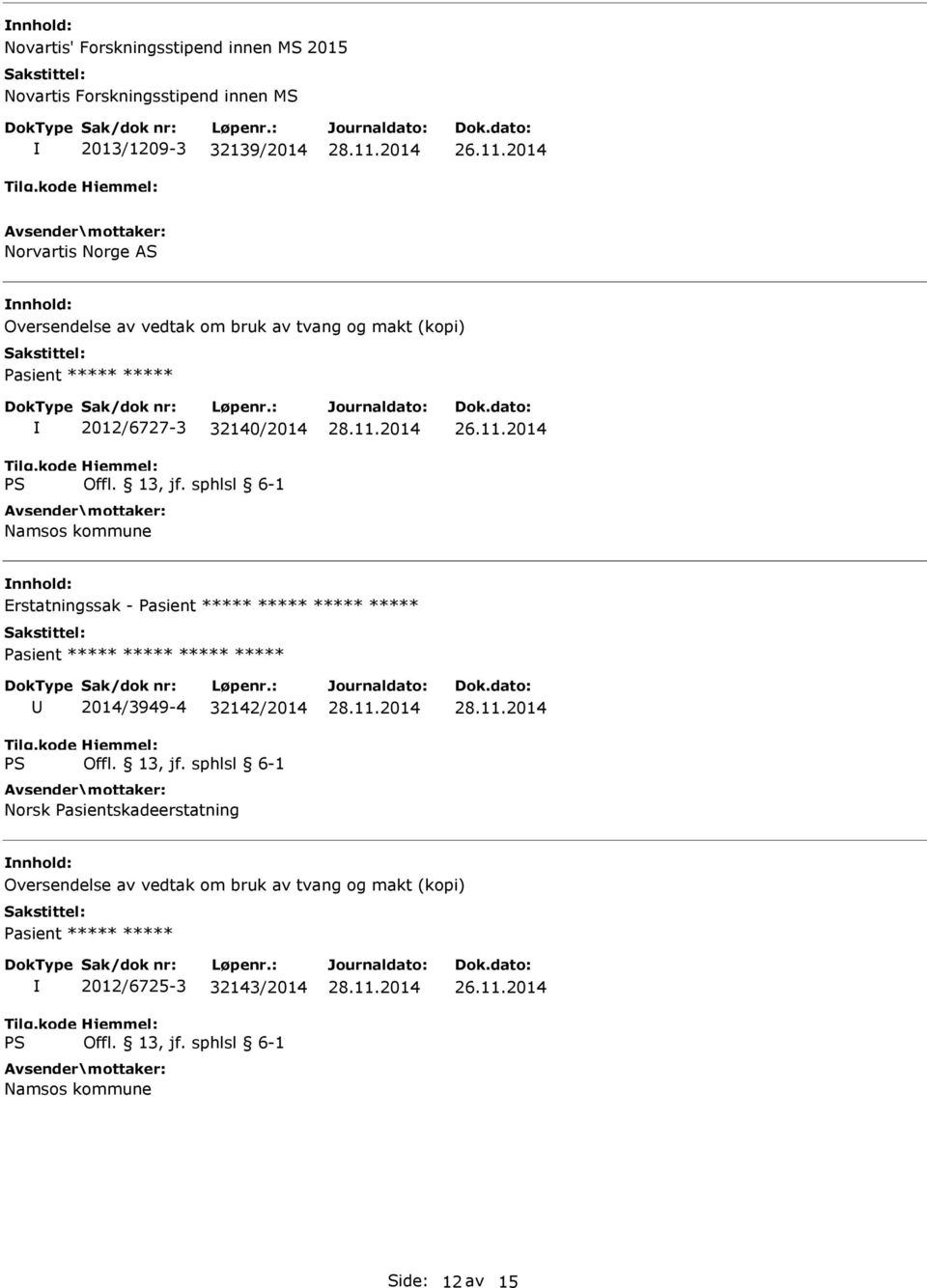 32140/2014 Namsos kommune Erstatningssak - 2014/3949-4 32142/2014 Norsk Pasientskadeerstatning Oversendelse