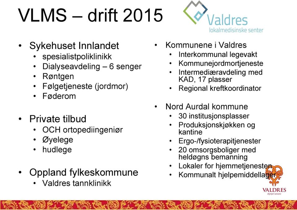 Kommunejordmortjeneste Intermediæravdeling med KAD, 17 plasser Regional kreftkoordinator Nord Aurdal kommune 30 institusjonsplasser