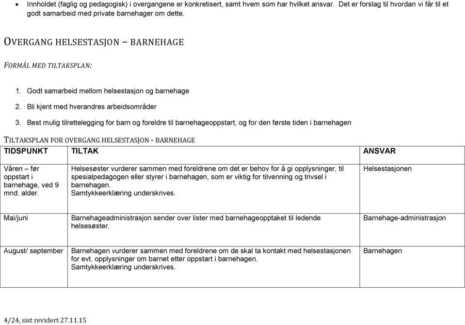 Best mulig tilrettelegging for barn og foreldre til barnehageoppstart, og for den første tiden i barnehagen TILTAKSPLAN FOR OVERGANG HELSESTASJON - BARNEHAGE TIDSPUNKT TILTAK ANSVAR Våren før