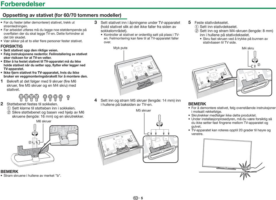 FORSIKTIG Sett stativet opp den riktige veien. Følg instruksjonene nedenfor. Feilinstallering av stativet øker risikoen for at TV-en velter.