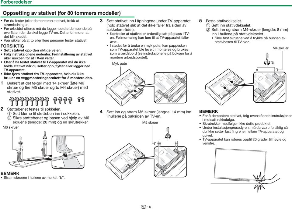 FORSIKTIG Sett stativet opp den riktige veien. Følg instruksjonene nedenfor. Feilinstallering av stativet øker risikoen for at TV-en velter.