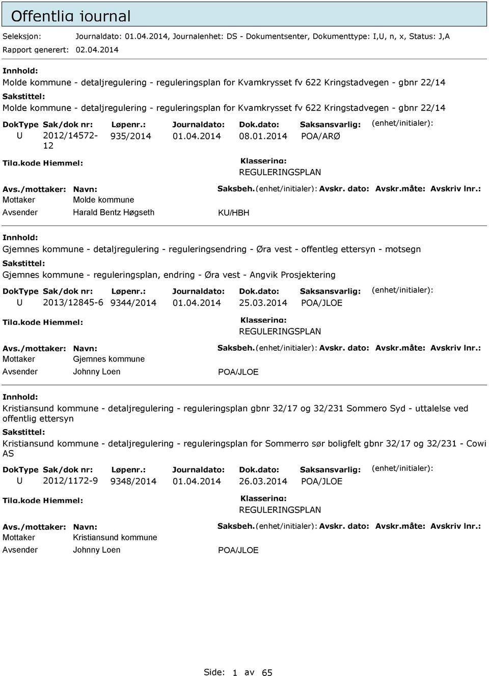 gbnr 22/14 2012/14572-12 935/2014 08.01.2014 POA/ARØ REGLERNGSPLAN Avs./mottaker: Navn: Saksbeh. Avskr. dato: Avskr.måte: Avskriv lnr.