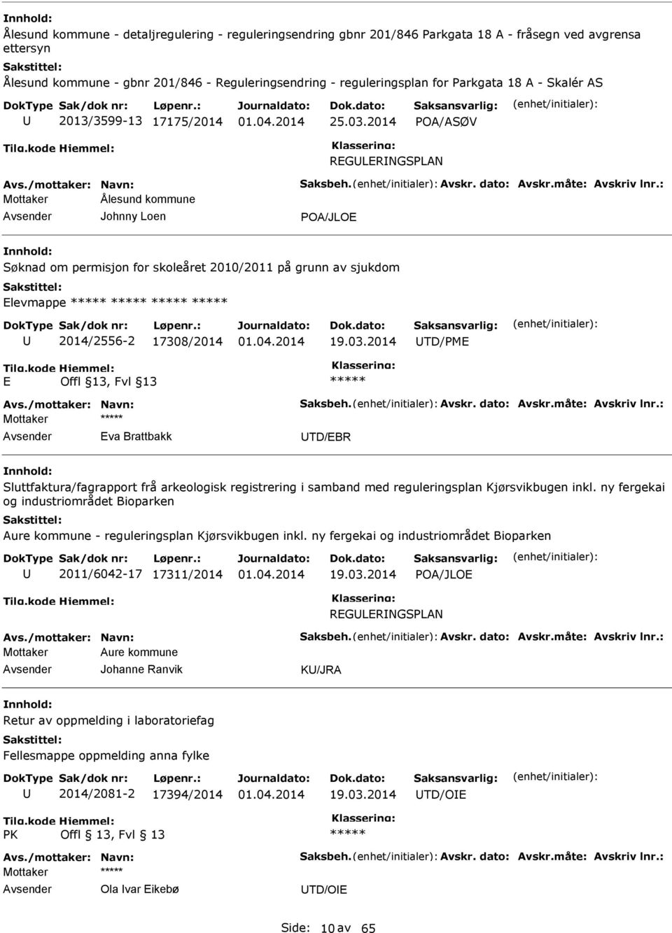 : Mottaker Ålesund kommune Johnny Loen POA/JLOE Søknad om permisjon for skoleåret 2010/2011 på grunn av sjukdom Elevmappe 2014/2556-2 17308/2014 19.03.2014 TD/PME E Avs./mottaker: Navn: Saksbeh.