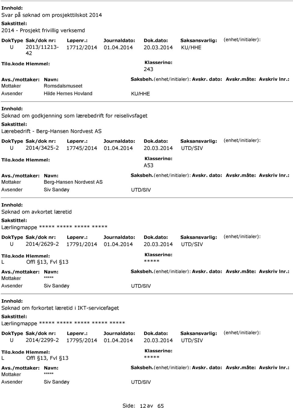 /mottaker: Navn: Saksbeh. Avskr. dato: Avskr.måte: Avskriv lnr.: Mottaker Berg-Hansen Nordvest AS Siv Sandøy TD/SV Søknad om avkortet læretid Lærlingmappe 2014/2629-2 17791/2014 20.03.