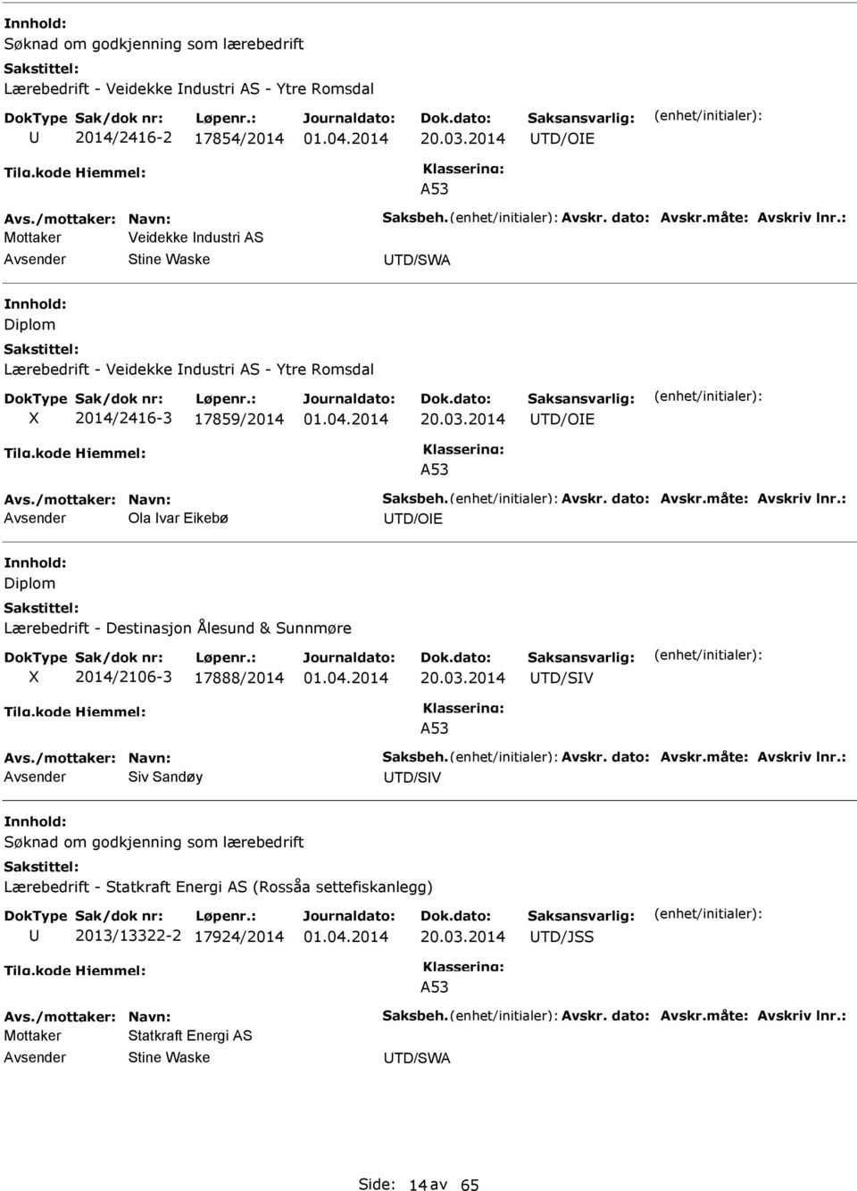 dato: Avskr.måte: Avskriv lnr.: Ola var Eikebø TD/OE Diplom Lærebedrift - Destinasjon Ålesund & Sunnmøre X 2014/2106-3 17888/2014 20.03.2014 TD/SV A53 Avs./mottaker: Navn: Saksbeh. Avskr. dato: Avskr.