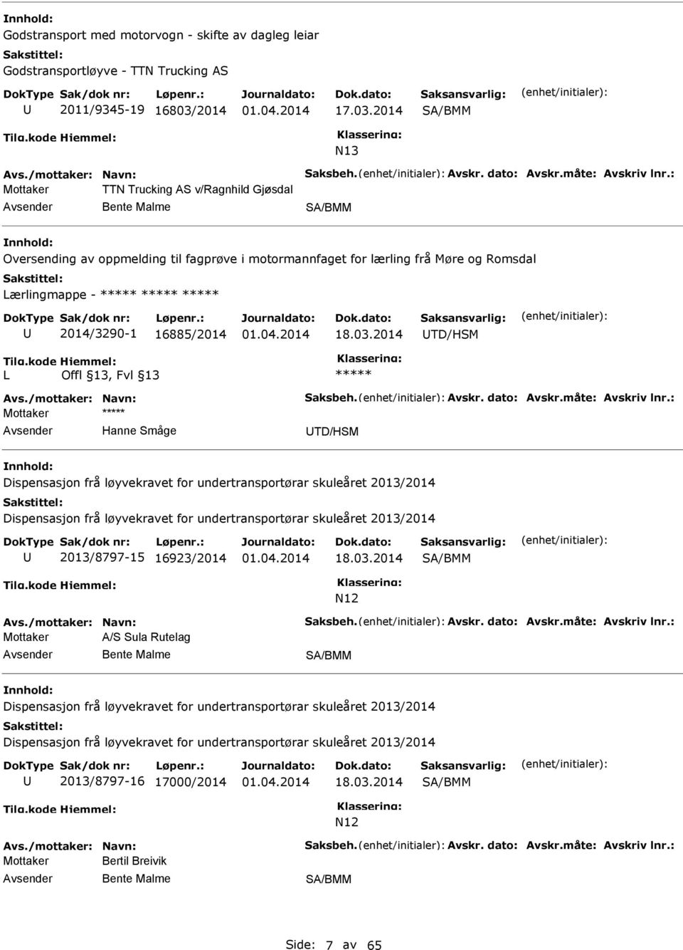 2014 TD/HSM L Avs./mottaker: Navn: Saksbeh. Avskr. dato: Avskr.måte: Avskriv lnr.