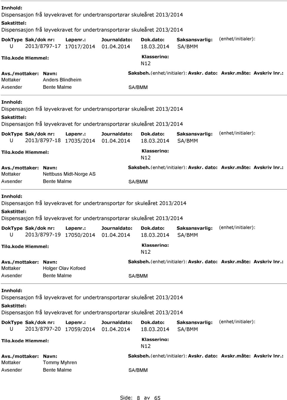 : Mottaker Anders Blindheim Bente Malme Dispensasjon frå løyvekravet for undertransportørar skuleåret 2013/2014 Dispensasjon frå løyvekravet for undertransportørar skuleåret 2013/2014 2013/8797-18