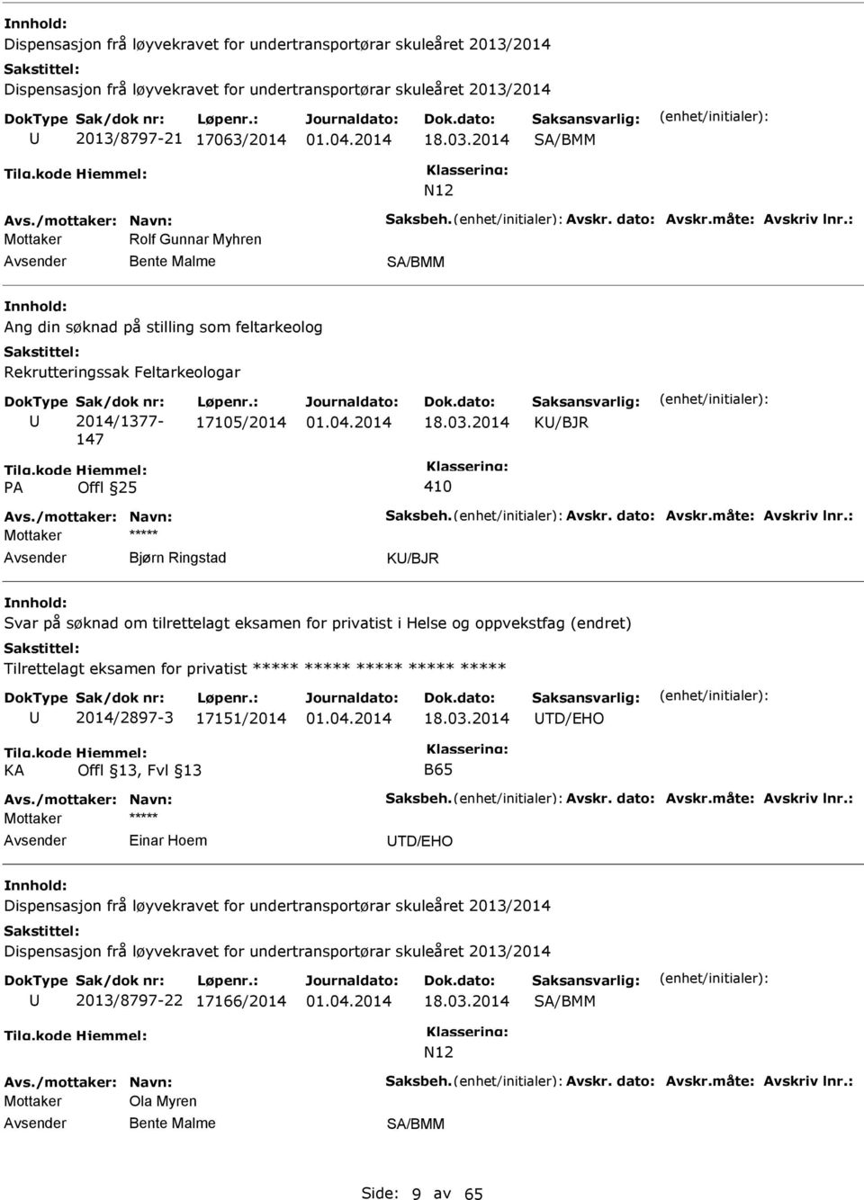 : Mottaker Rolf Gunnar Myhren Bente Malme Ang din søknad på stilling som feltarkeolog Rekrutteringssak Feltarkeologar 2014/1377-147 17105/2014 18.03.2014 K/BJR PA Offl 25 410 Avs.