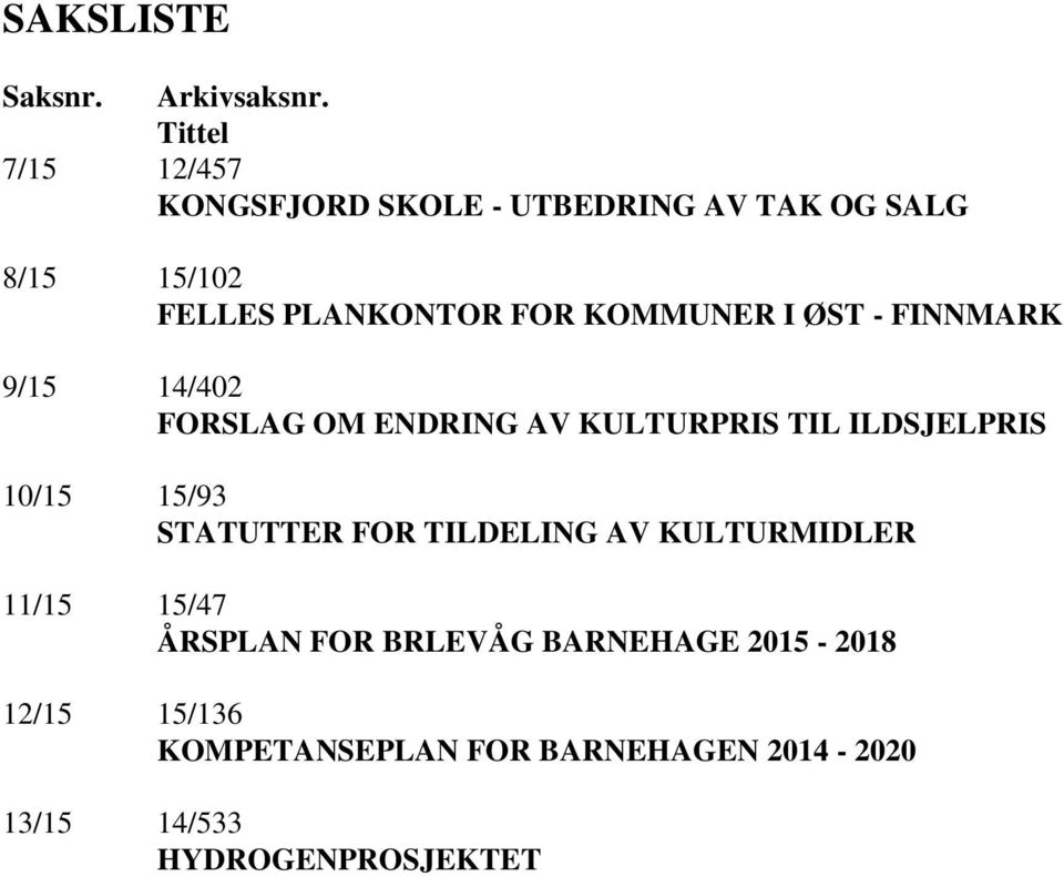 KOMMUNER I ØST - FINNMARK 9/15 14/402 FORSLAG OM ENDRING AV KULTURPRIS TIL ILDSJELPRIS 10/15 15/93