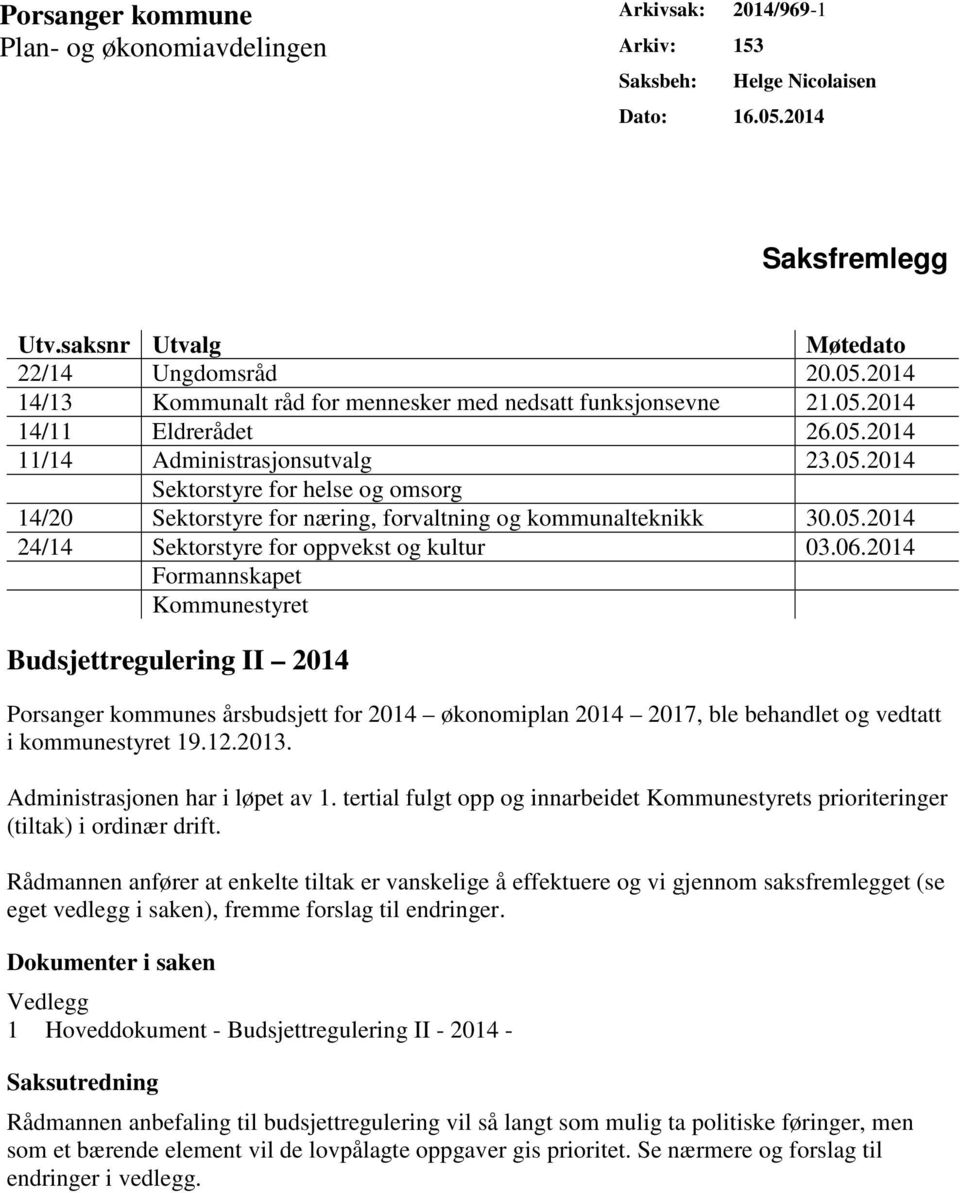 06.2014 Formannskapet Kommunestyret Budsjettregulering II 2014 Porsanger kommunes årsbudsjett for 2014 økonomiplan 2014 2017, ble behandlet og vedtatt i kommunestyret 19.12.2013.