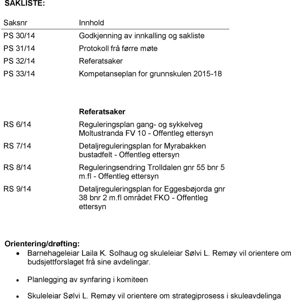 Trolldalen gnr 55 bnr 5 m.fl - Offentleg ettersyn RS 9/14 Detaljreguleringsplan for Eggesbøjorda gnr 38 bnr 2 m.fl området FKO - Offentleg ettersyn Orientering/drøfting: Barnehageleiar Laila K.