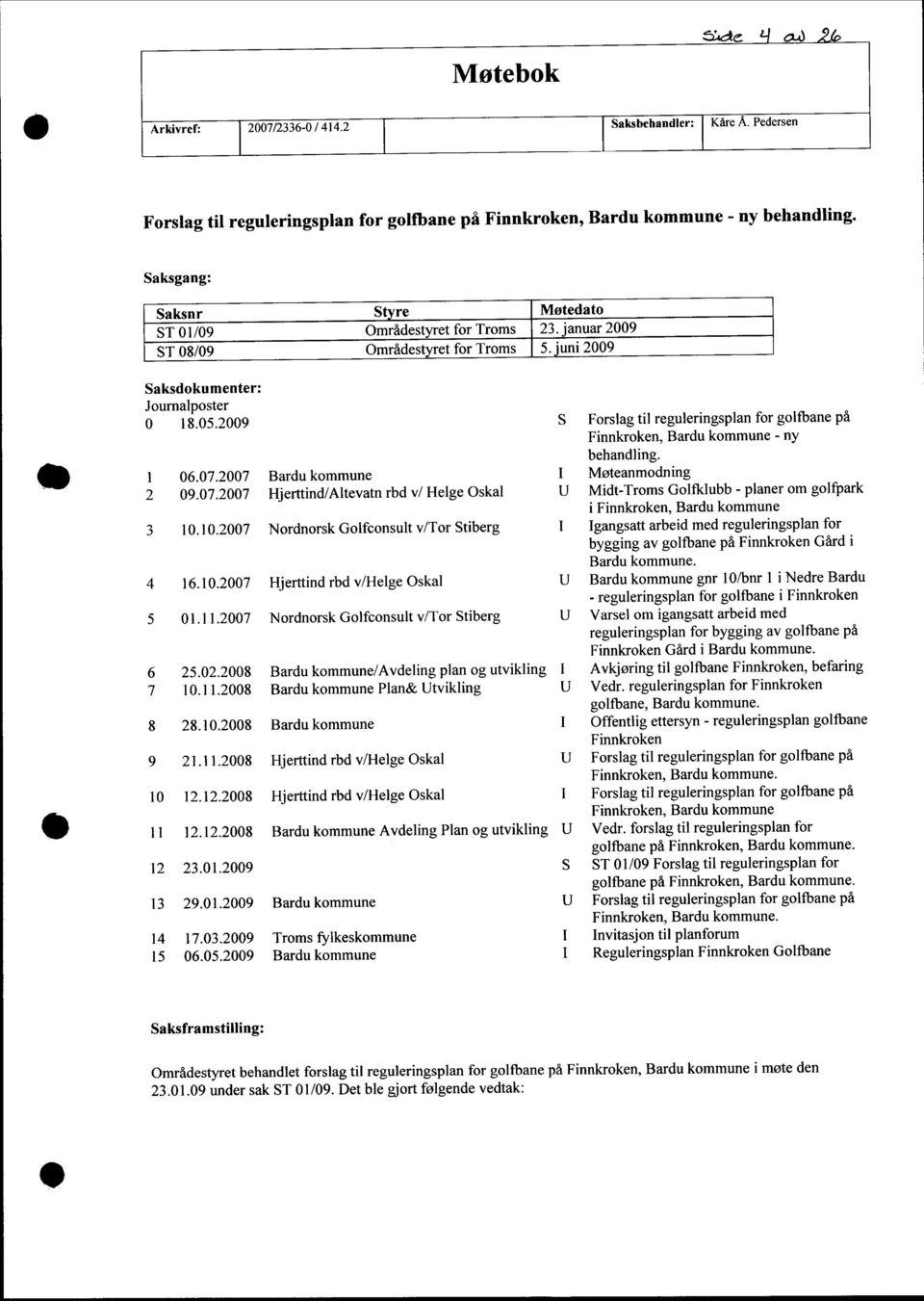 1 6.7.27 Bardu kommune i Møteanmodning 2 9.7.27 Hjerttind/Altevatn rbd v/ Helge Oskal u Midt-Troms Golfklubb - planer om golfpark i Finnkroken, Bardu kommune 3 1.1.27 Nordnorsk Golfconsult v/tor Stiberg i Igangsatt arbeid med reguleringsplan for bygging av golfbane på Finnkroken Gård i Bardu kommune.