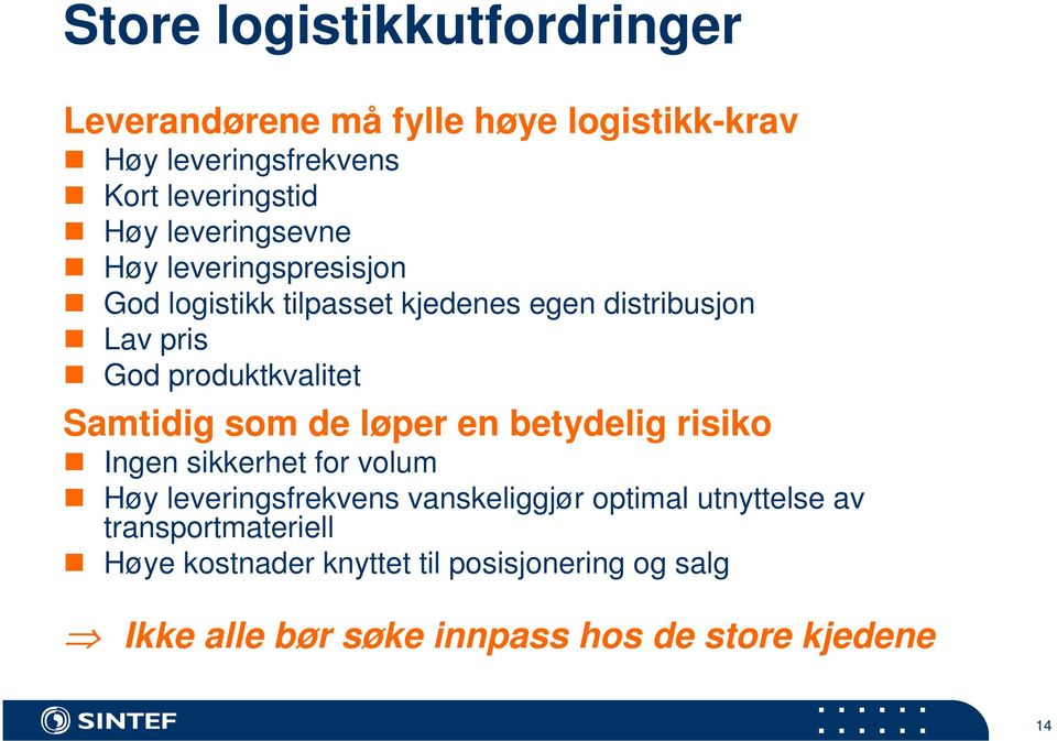 Samtidig som de løper en betydelig risiko Ingen sikkerhet for volum Høy leveringsfrekvens vanskeliggjør optimal