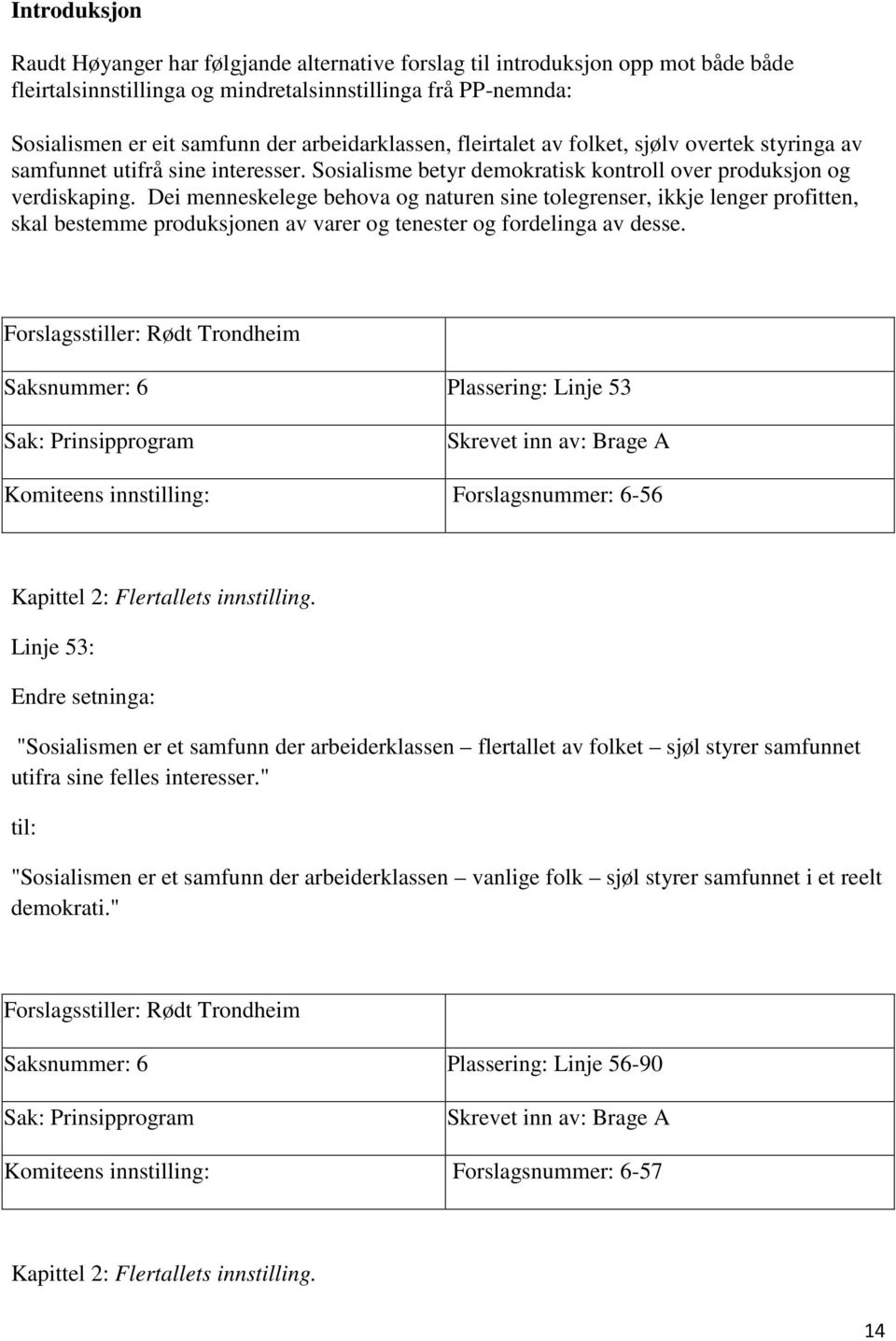 Dei menneskelege behova og naturen sine tolegrenser, ikkje lenger profitten, skal bestemme produksjonen av varer og tenester og fordelinga av desse.