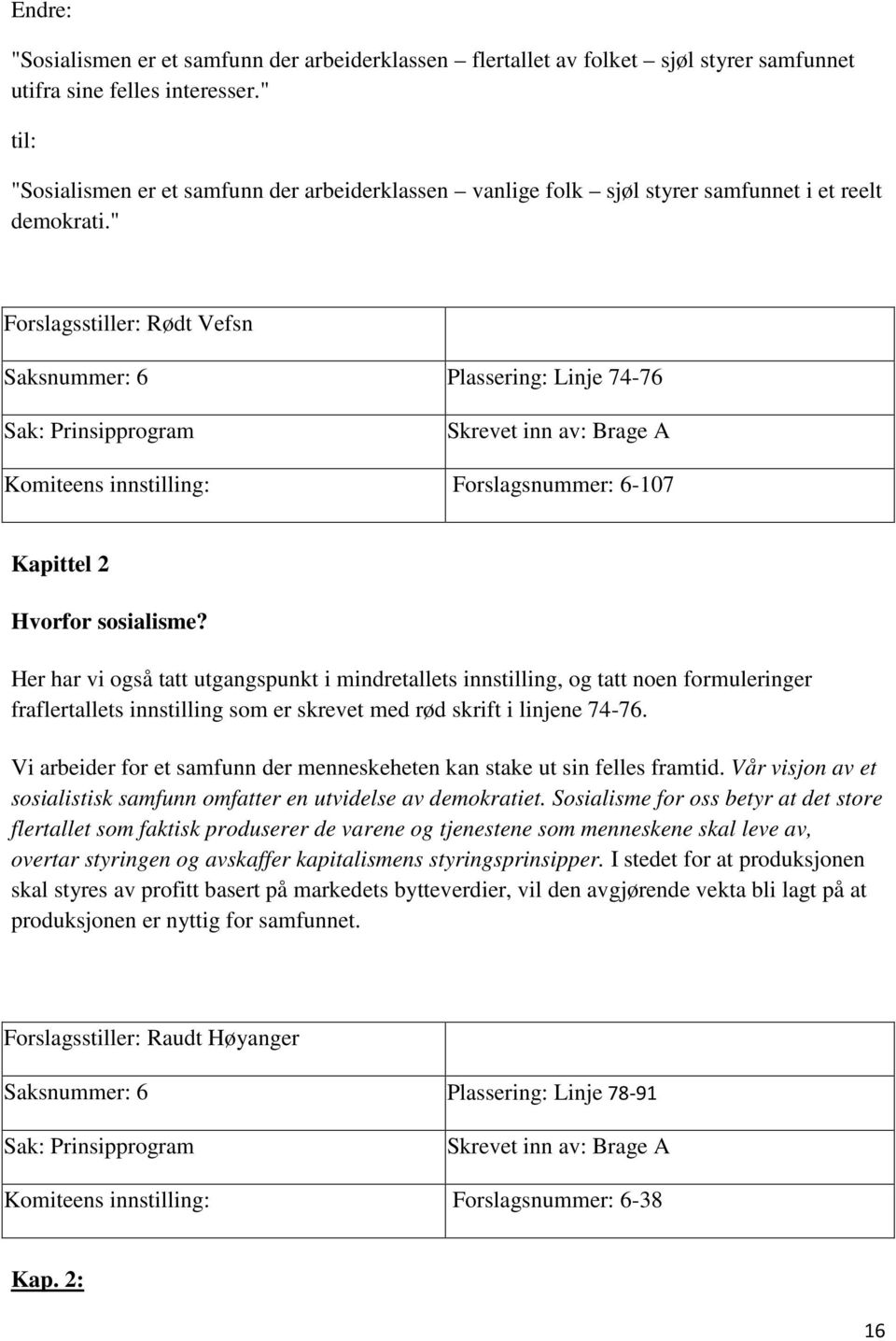 " Forslagsstiller: Rødt Vefsn Saksnummer: 6 Plassering: Linje 74-76 Komiteens innstilling: Forslagsnummer: 6-107 Kapittel 2 Hvorfor sosialisme?