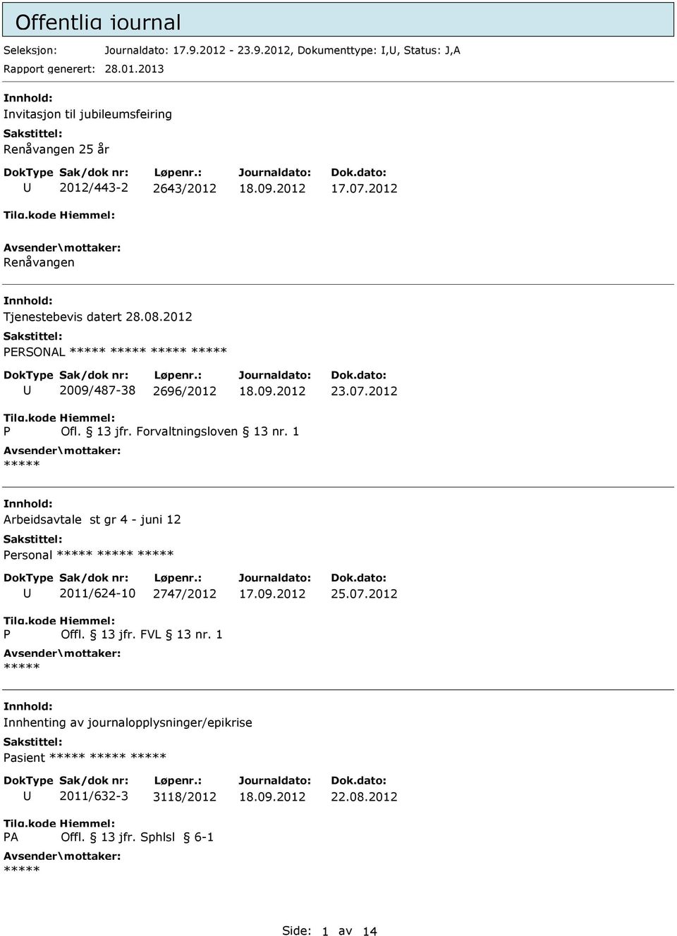 07.2012 Renåvangen Tjenestebevis datert 28.08.2012 ERSONAL 2009/487-38 2696/2012 23.07.2012 Ofl. 13 jfr.