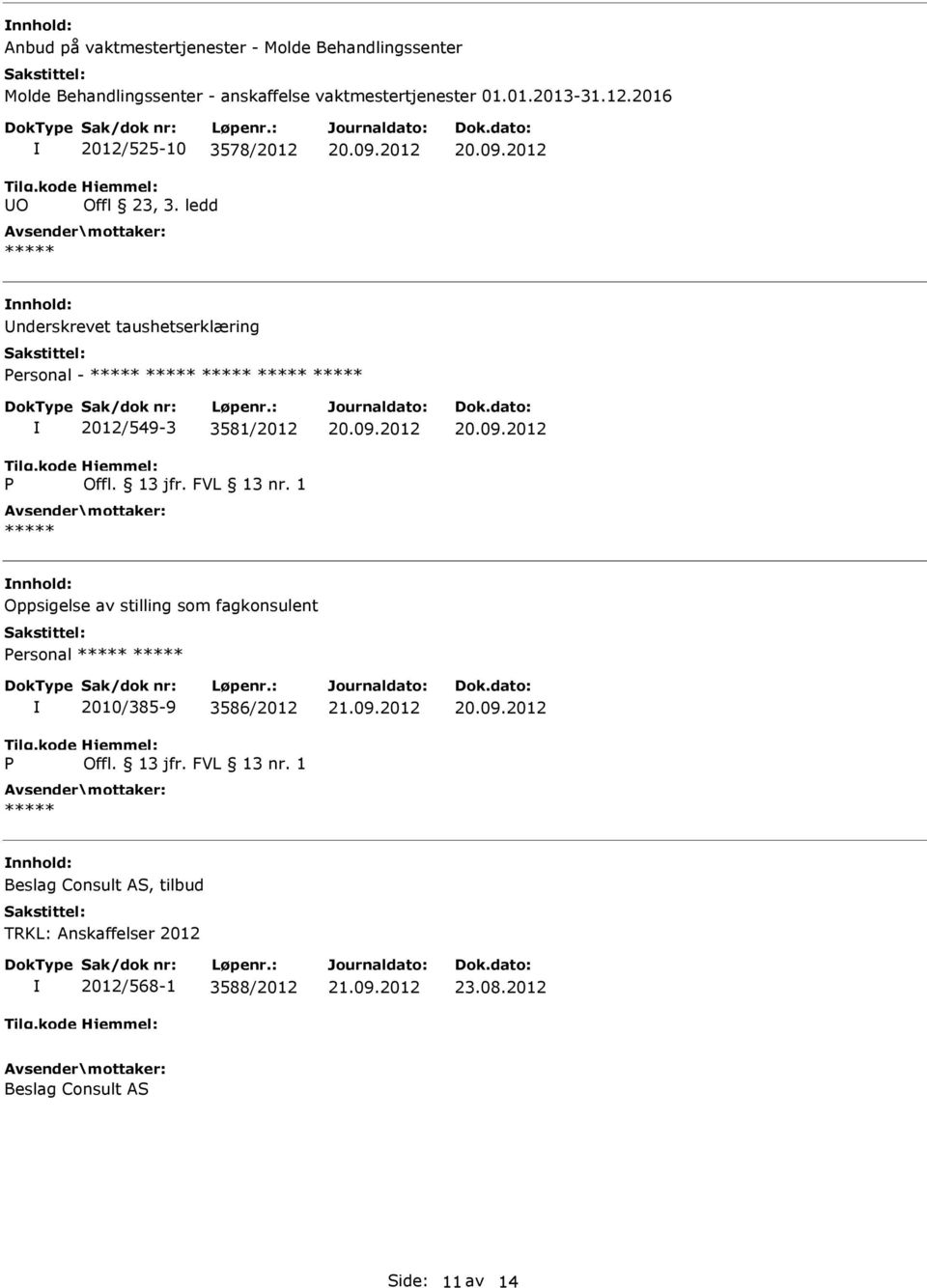 2012 20.09.2012 nderskrevet taushetserklæring ersonal - 2012/549-3 3581/2012 20.09.2012 20.09.2012 Oppsigelse av stilling som fagkonsulent ersonal 2010/385-9 3586/2012 20.