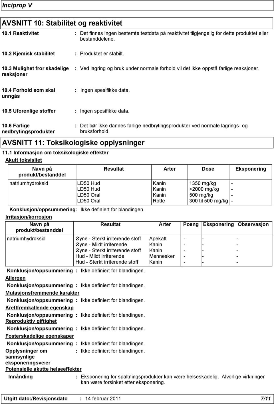 10.6 Farlige nedbrytingsprodukter AVSNITT 11: Toksikologiske opplysninger 11.