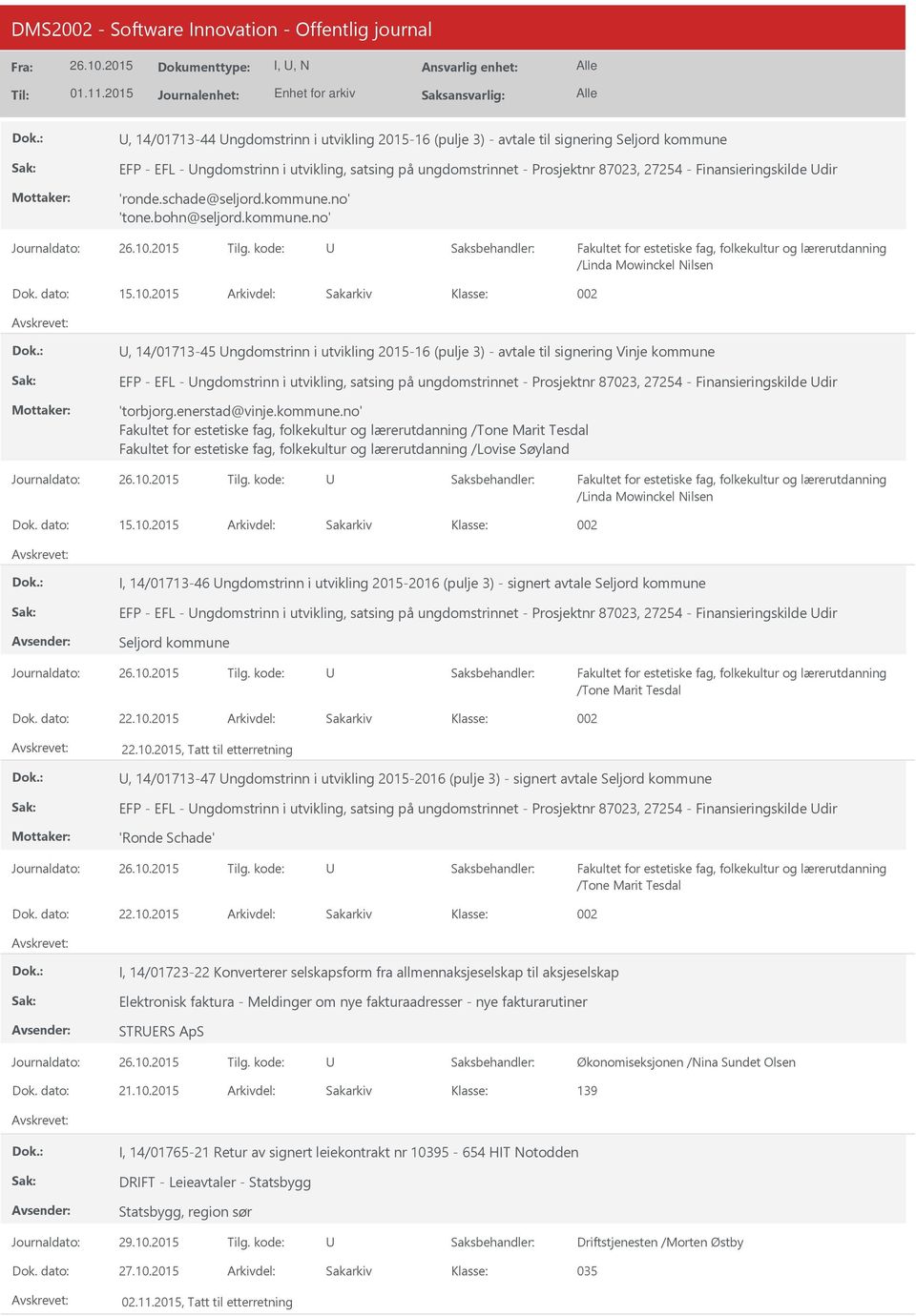 2015 Arkivdel: Sakarkiv 002, 14/01713-45 ngdomstrinn i utvikling 2015-16 (pulje 3) - avtale til signering Vinje kommune EFP - EFL - ngdomstrinn i utvikling, satsing på ungdomstrinnet - Prosjektnr