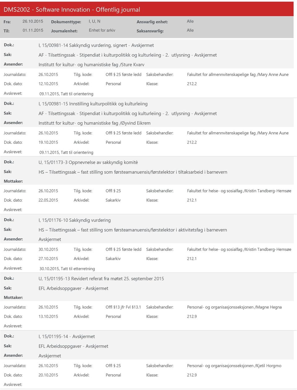 2015, Tatt til orientering I, 15/00981-15 Innstilling kulturpolitikk og kulturleiing AF - Tilsettingssak - Stipendiat i kulturpolitikk og kulturleiing - 2.