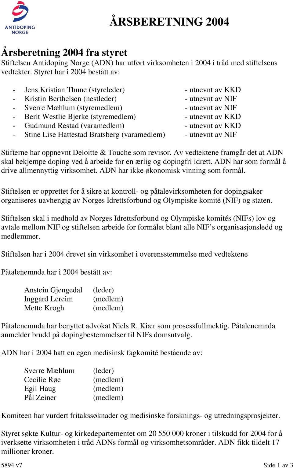 Bjerke (styremedlem) - utnevnt av KKD - Gudmund Restad (varamedlem) - utnevnt av KKD - Stine Lise Hattestad Bratsberg (varamedlem) - utnevnt av NIF Stifterne har oppnevnt Deloitte & Touche som