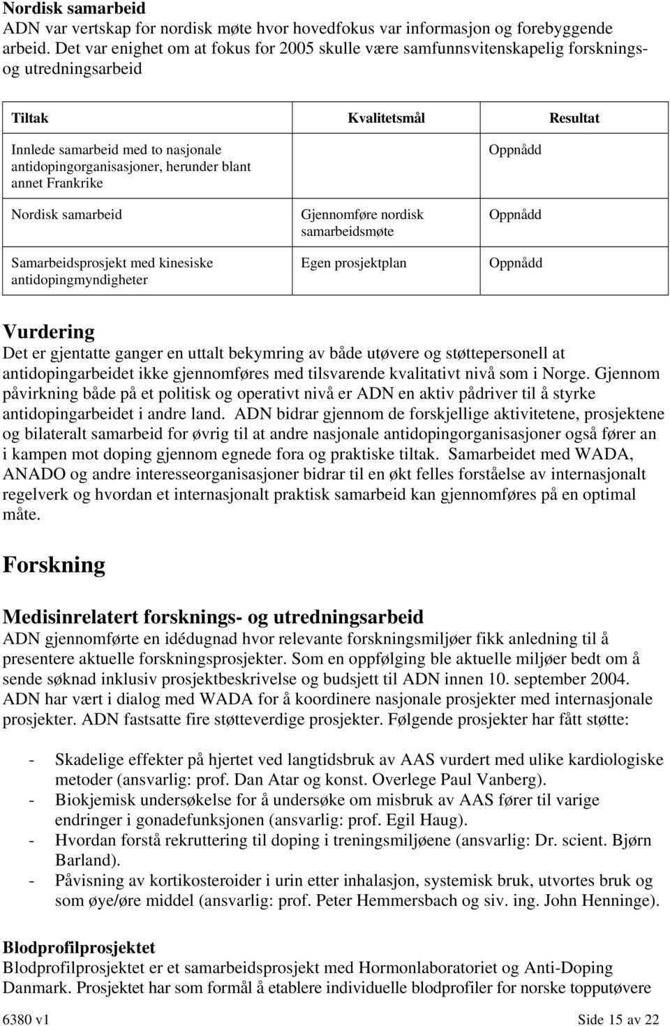 blant annet Frankrike Nordisk samarbeid Samarbeidsprosjekt med kinesiske antidopingmyndigheter Gjennomføre nordisk samarbeidsmøte Egen prosjektplan Vurdering Det er gjentatte ganger en uttalt