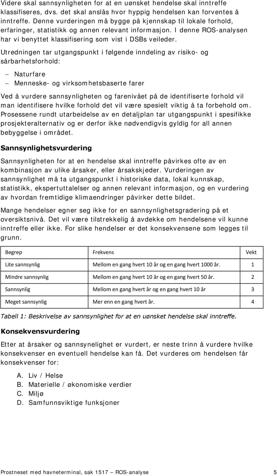 Utredningen tar utgangspunkt i følgende inndeling av risiko- og sårbarhetsforhold: Naturfare Menneske- og virksomhetsbaserte farer Ved å vurdere sannsynligheten og farenivået på de identifiserte