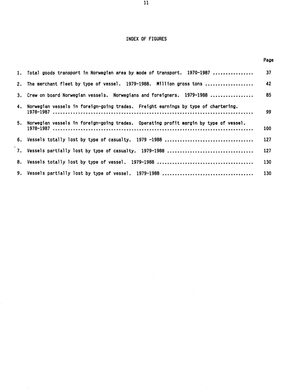 Freight earnings by type of chartering. 1978-1987 99 5. Norwegian vessels in foreign-going trades. Operating profit margin by type of vessel. 1978-1987 100 6.