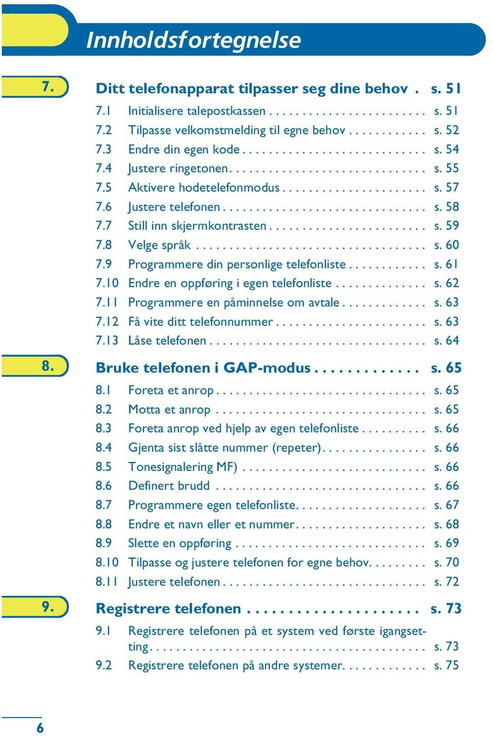 7 Still inn skjermkontrasten........................ s. 59 7.8 Velge språk................................... s. 60 7.9 Programmere din personlige telefonliste............ s. 61 7.