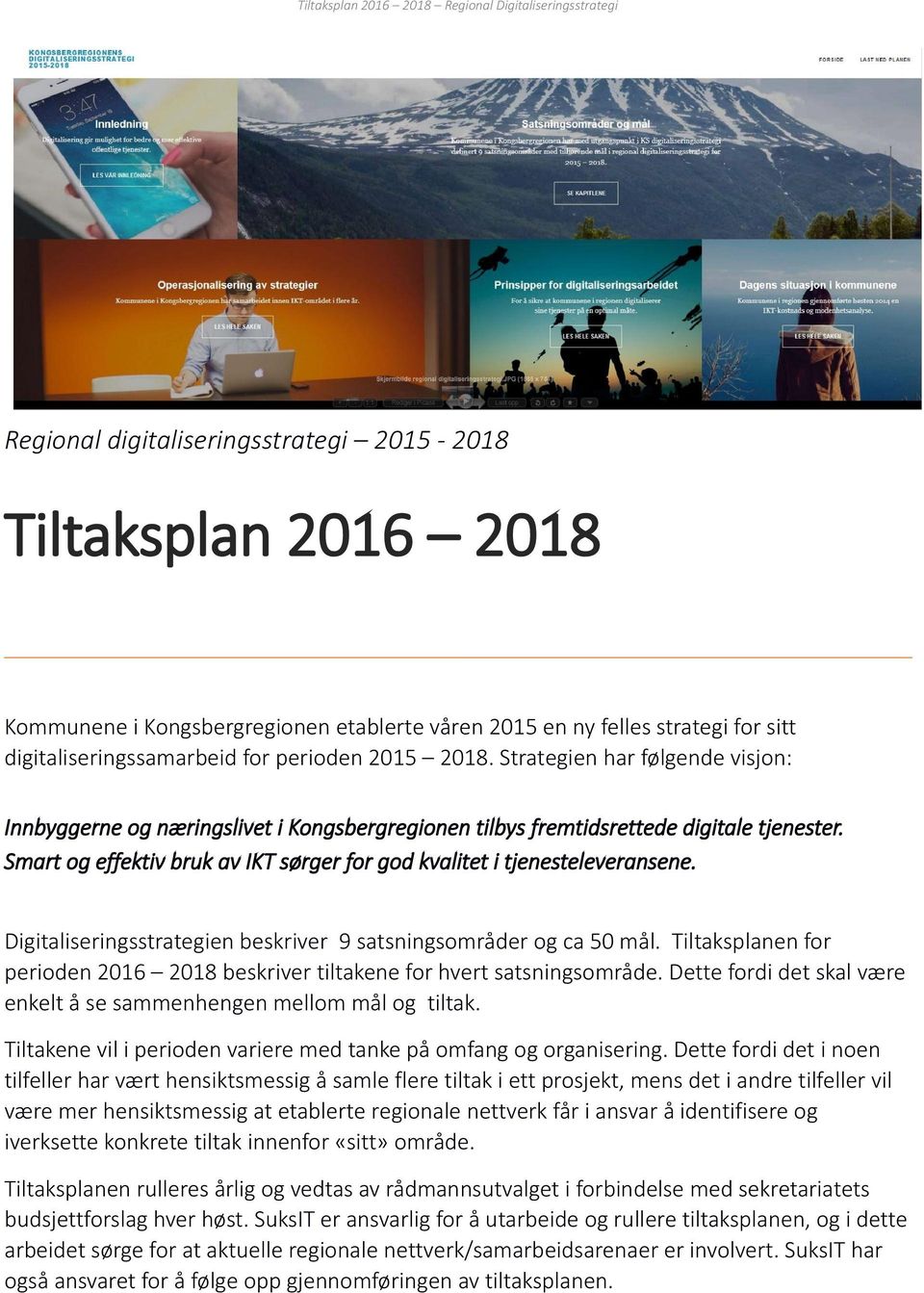 Digitaliseringsstrategien beskriver 9 satsningsområder og ca 50 mål. Tiltaksplanen for perioden 2016 2018 beskriver tiltakene for hvert satsningsområde.